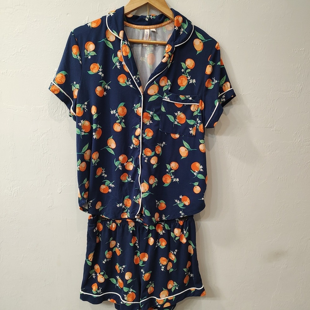 Joyspun 2 piece Pajama Set Shorts Top Sz Large Oranges Pattern Comfort Lounge